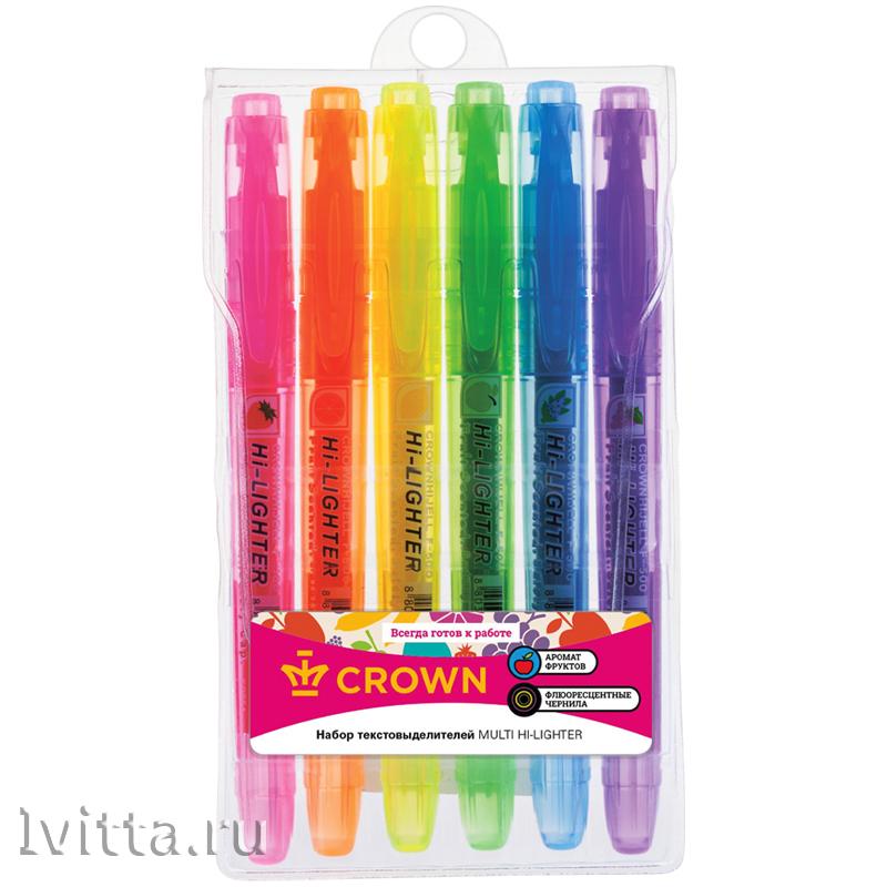 Текстовыделители Crown Multi Hi-Lighter Aroma 6цветов, 1-4мм, ароматизированные (набор)