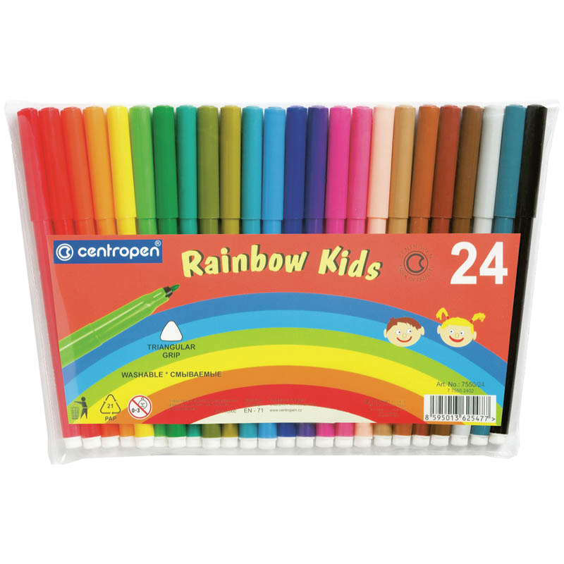 Фломастеры Centropen "Rainbow Kids", 24цв., трехгранные, смываемые, ПВХ