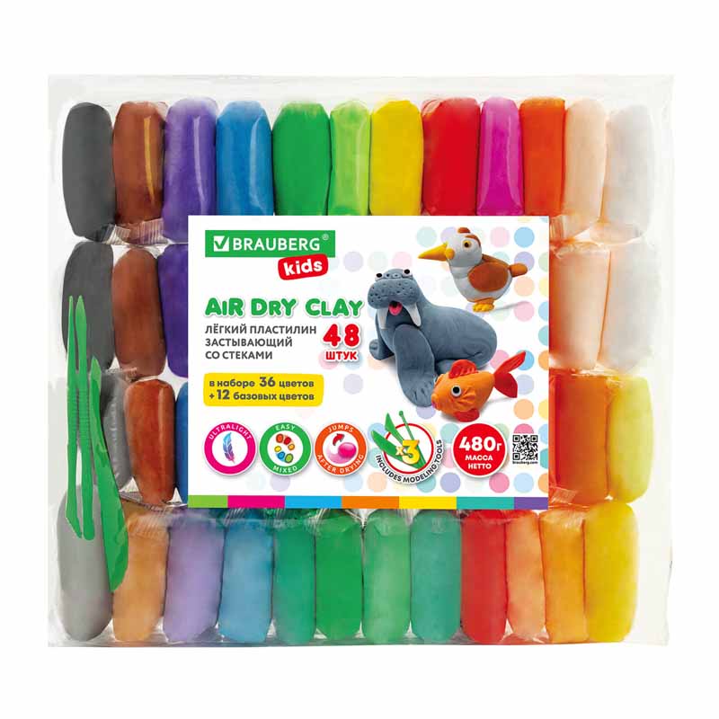 Легкий пластилин для лепки Brauberg Kids, 48 цветов, 480г, прозрачный пакет