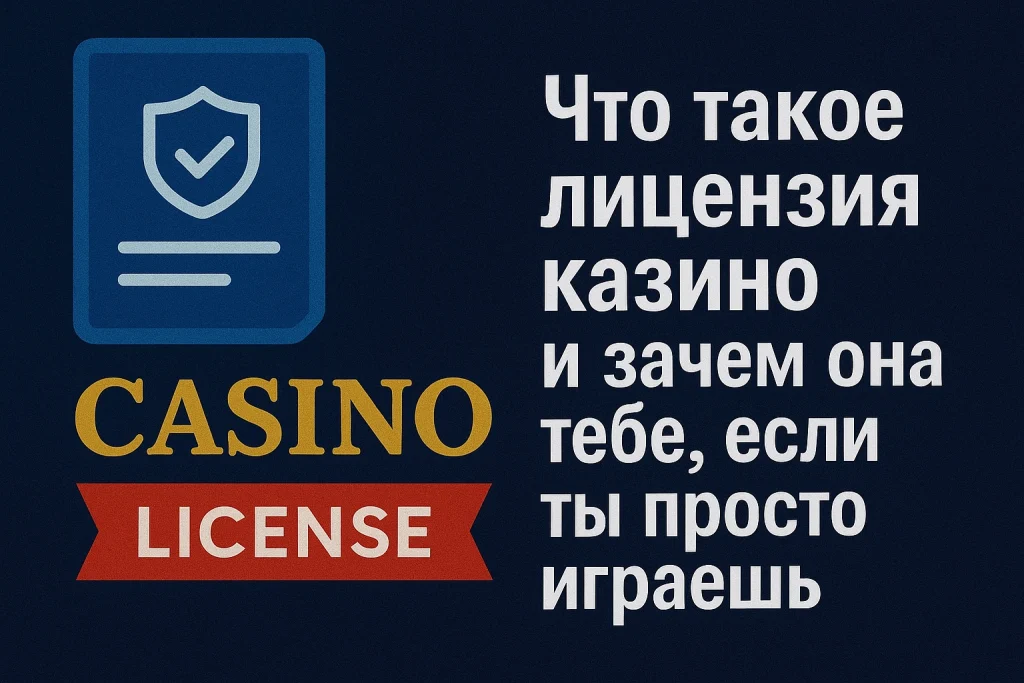 Иконка документа с щитом и галочкой рядом с надписью 'Casino License' и текстом 'Что такое лицензия казино и зачем она тебе, если ты просто играешь
