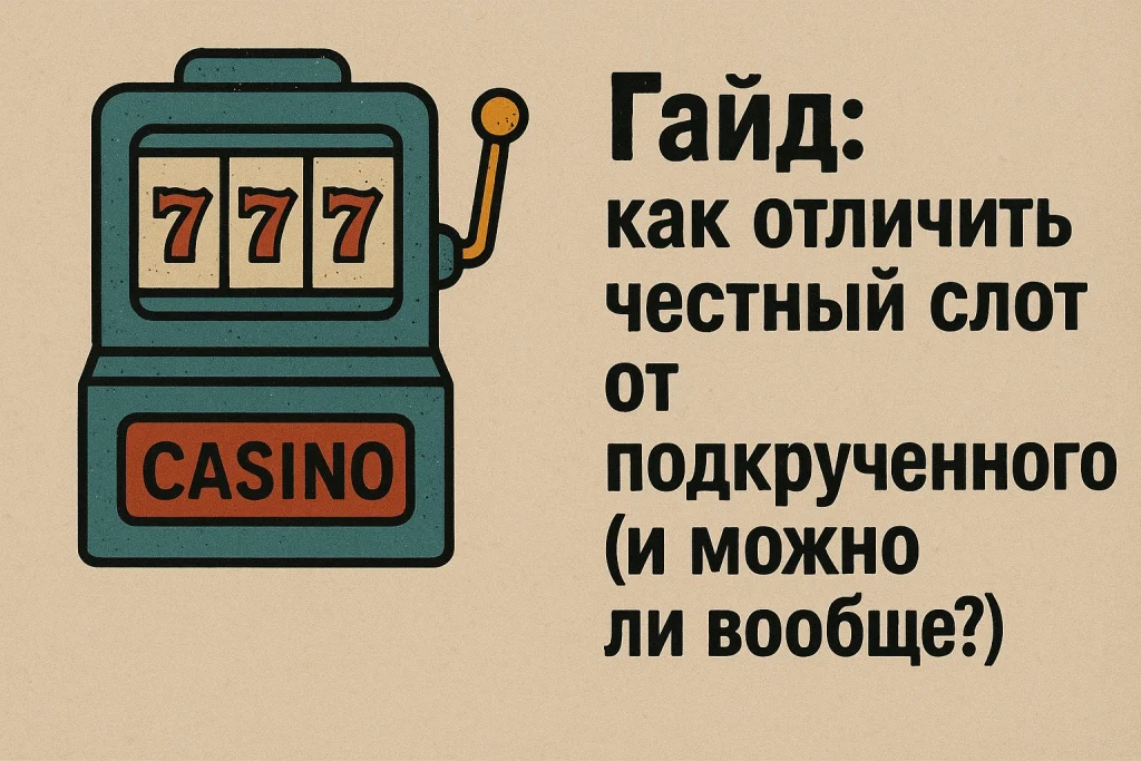 Ретро-иллюстрация игрового автомата с надписью 'Casino' и текстом 'Гайд: как отличить честный слот от подкрученного (и можно ли вообще?)