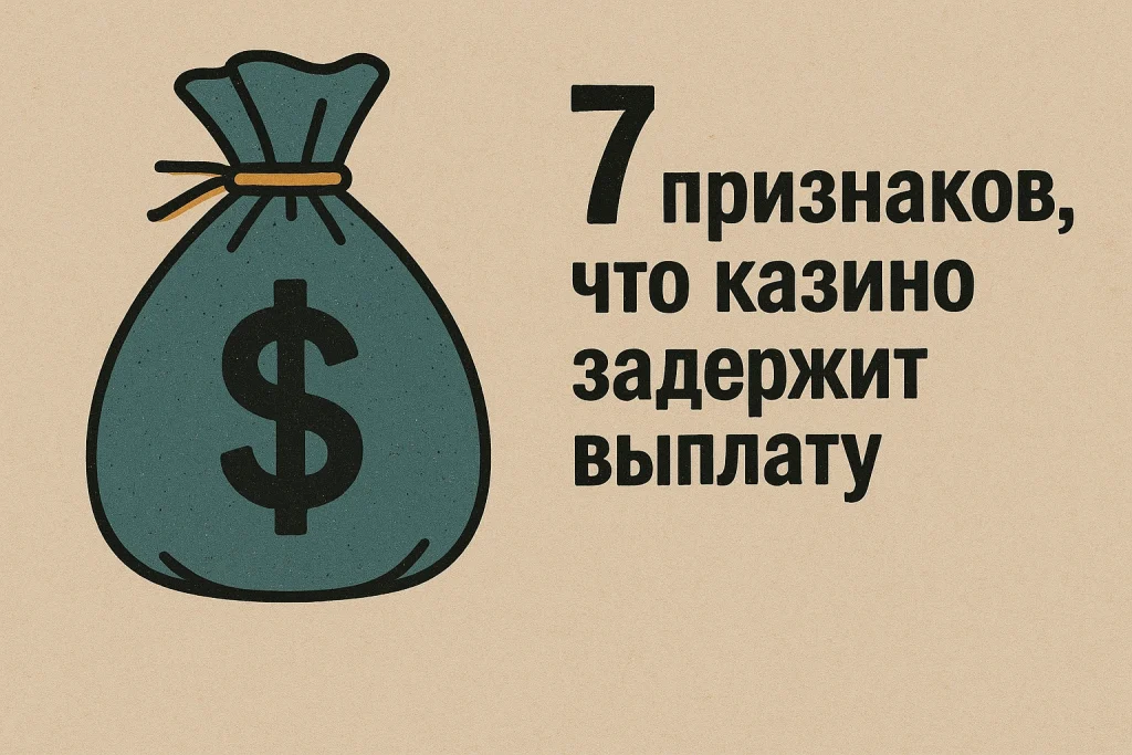 Сумка с долларом и надпись '7 признаков, что казино задержит выплату' на фоне бумаги ретро-стиля