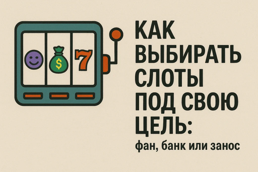 Иллюстрация слота с символами смайлик, мешок денег и цифра 7 рядом с текстом 'Как выбирать слоты под свою цель: фан, банк или занос