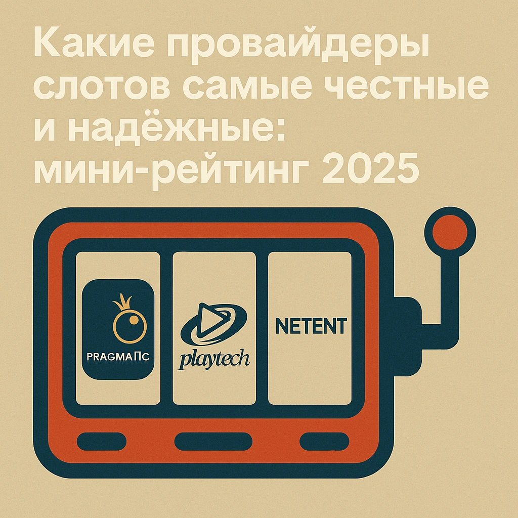 Слот-машина с логотипами Pragmatic Play, Playtech и NetEnt и текстом 'Какие провайдеры слотов самые честные и надёжные: мини-рейтинг 2025