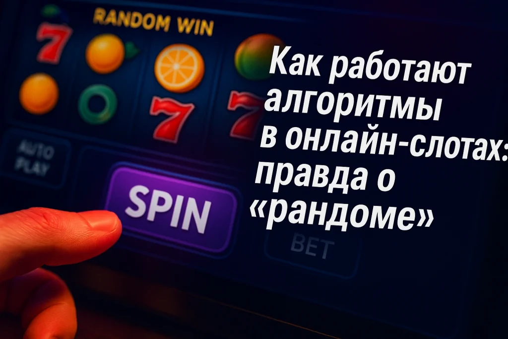 Палец нажимает кнопку SPIN на онлайн-слоте с текстом 'Как работают алгоритмы в онлайн-слотах: правда о рандоме